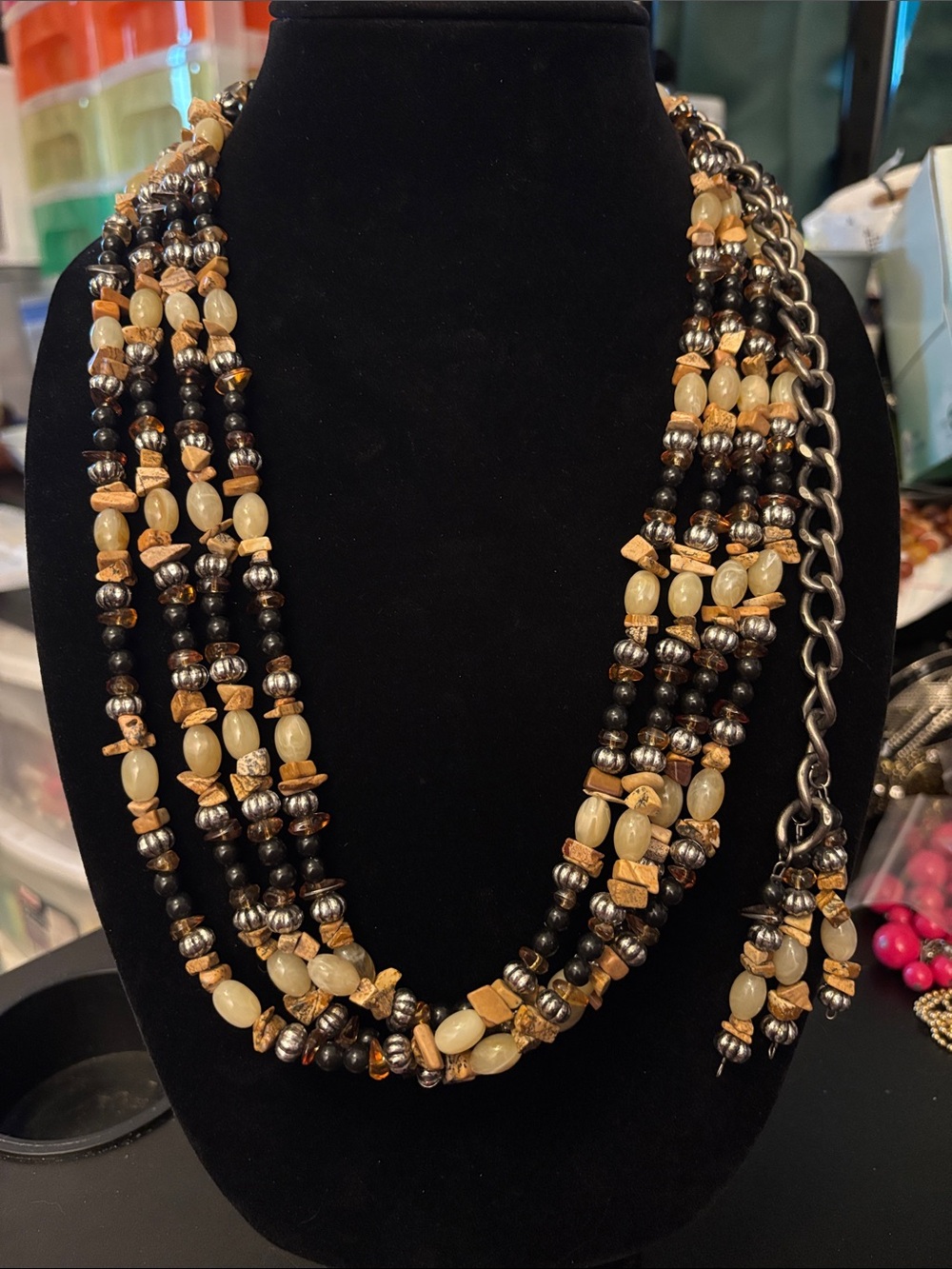 Multi-Strand Black and Beige Beaded Women's Necklace